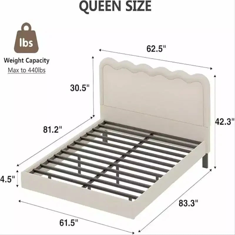 Lit Queen Size en Boucle avec Lumières LED, Lit Plateforme Flottant avec Tête de Lit Ondulée, Cadre en Métal Robuste, Silencieux, Beige