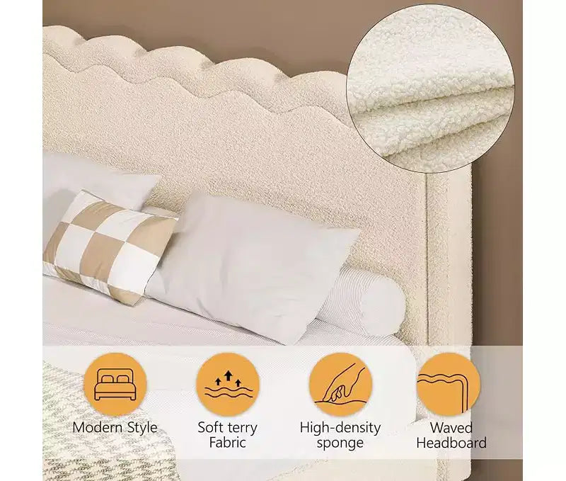 Lit Queen Size en Boucle avec Lumières LED, Lit Plateforme Flottant avec Tête de Lit Ondulée, Cadre en Métal Robuste, Silencieux, Beige