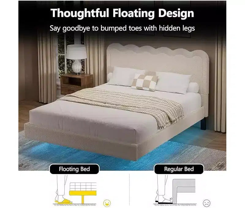 Lit Queen Size en Boucle avec Lumières LED, Lit Plateforme Flottant avec Tête de Lit Ondulée, Cadre en Métal Robuste, Silencieux, Beige