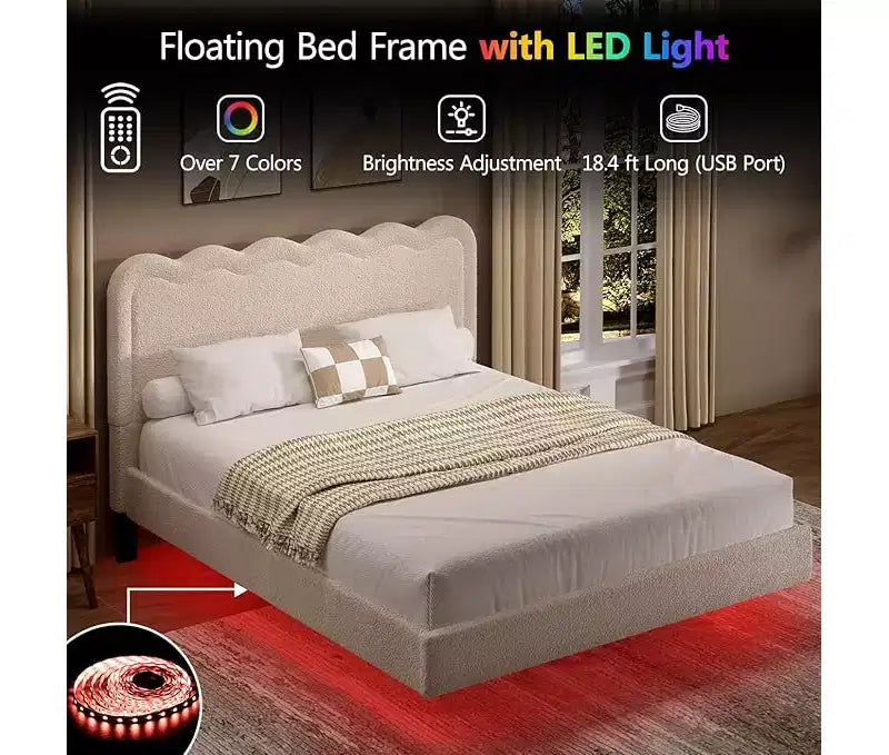 Lit Queen Size en Boucle avec Lumières LED, Lit Plateforme Flottant avec Tête de Lit Ondulée, Cadre en Métal Robuste, Silencieux, Beige
