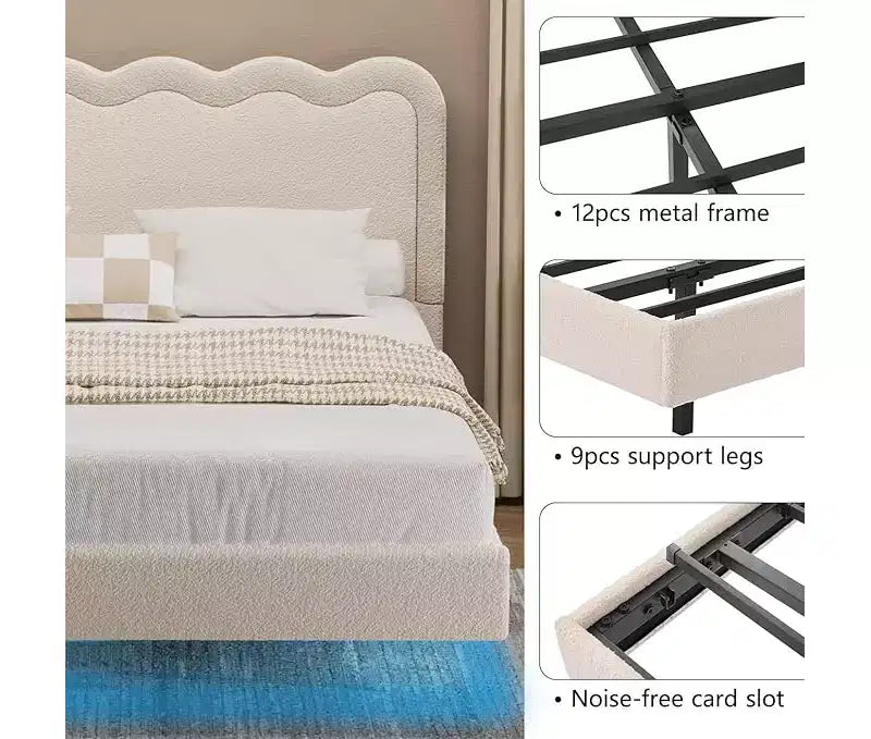 Lit Queen Size en Boucle avec Lumières LED, Lit Plateforme Flottant avec Tête de Lit Ondulée, Cadre en Métal Robuste, Silencieux, Beige