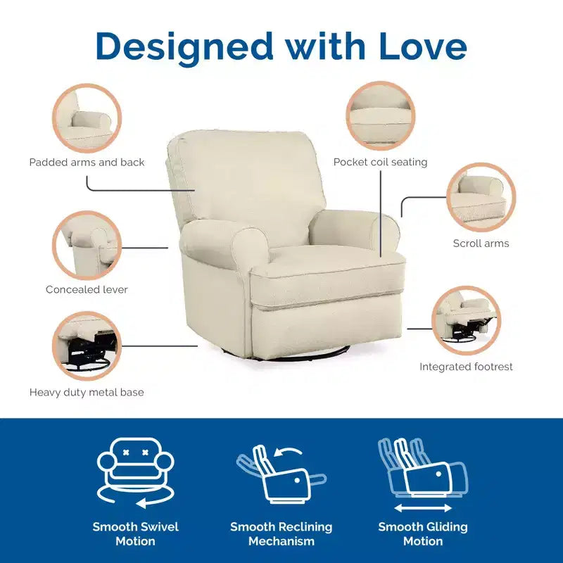 Fauteuil de relaxation pivotant et inclinable pour chambre d'enfant, rembourré en chenille, grands accoudoirs arrondis, assise en T, beige/gris