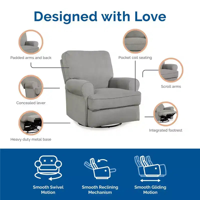 Fauteuil de relaxation pivotant et inclinable pour chambre d'enfant, rembourré en chenille, grands accoudoirs arrondis, assise en T, beige/gris