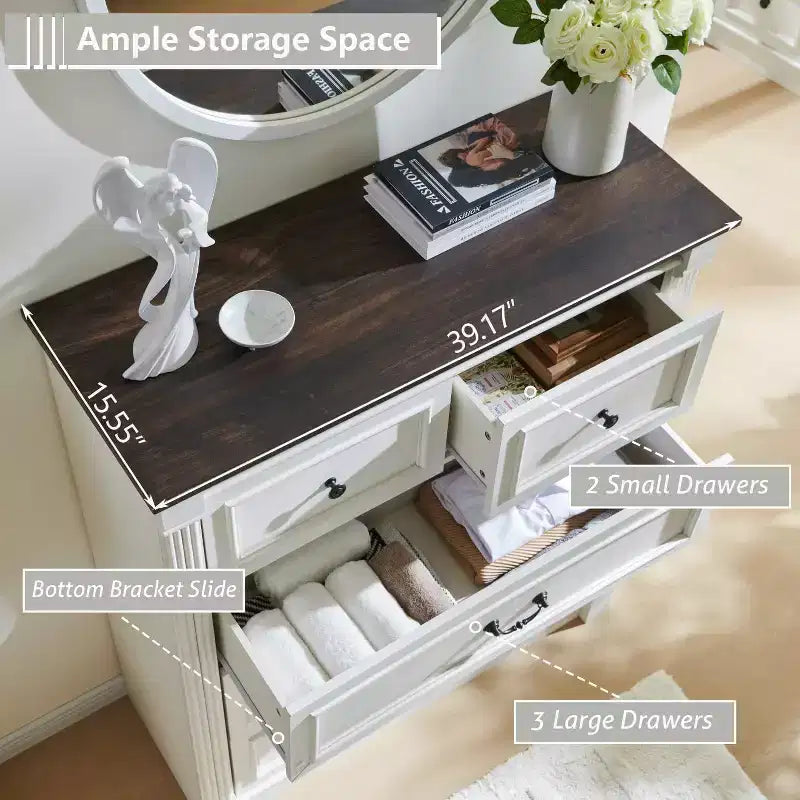 Commode de ferme de 46" avec 5 tiroirs, rangement rustique en bois avec colonne romaine pour chambre à coucher