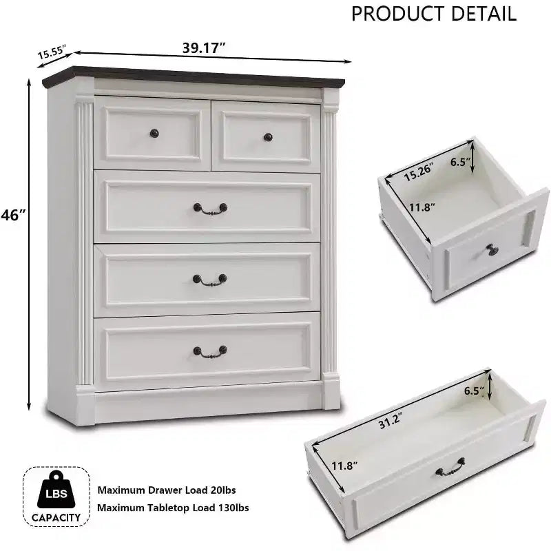 Commode de ferme de 46" avec 5 tiroirs, rangement rustique en bois avec colonne romaine pour chambre à coucher