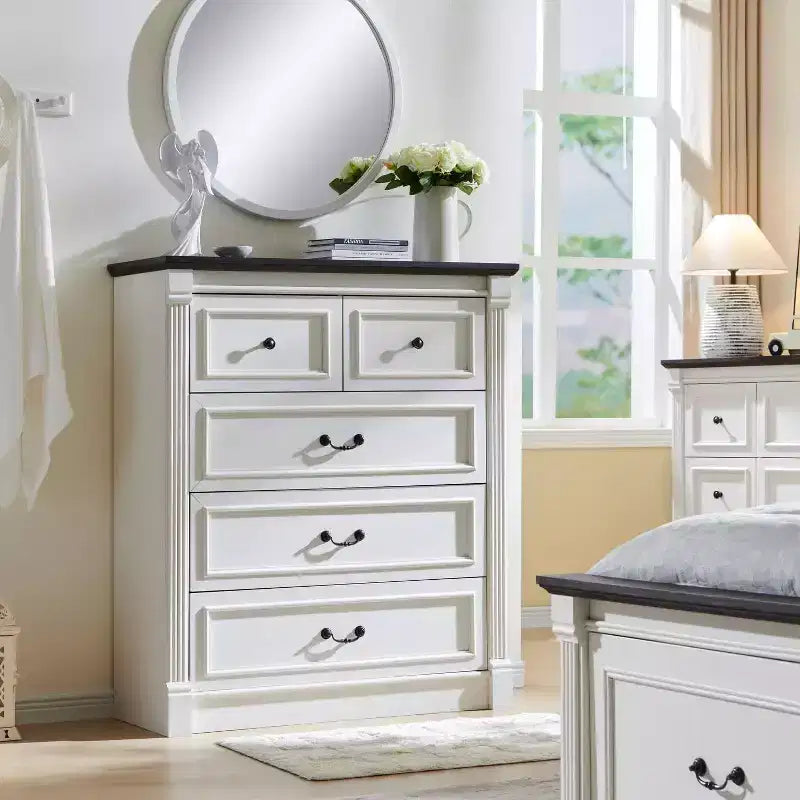 Commode de ferme de 46" avec 5 tiroirs, rangement rustique en bois avec colonne romaine pour chambre à coucher