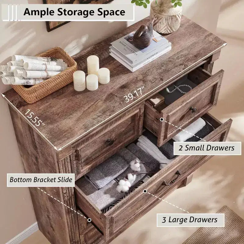 Commode de ferme de 46" avec 5 tiroirs, rangement rustique en bois avec colonne romaine pour chambre à coucher