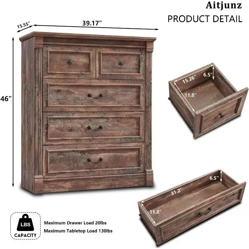 Commode de ferme de 46" avec 5 tiroirs, rangement rustique en bois avec colonne romaine pour chambre à coucher
