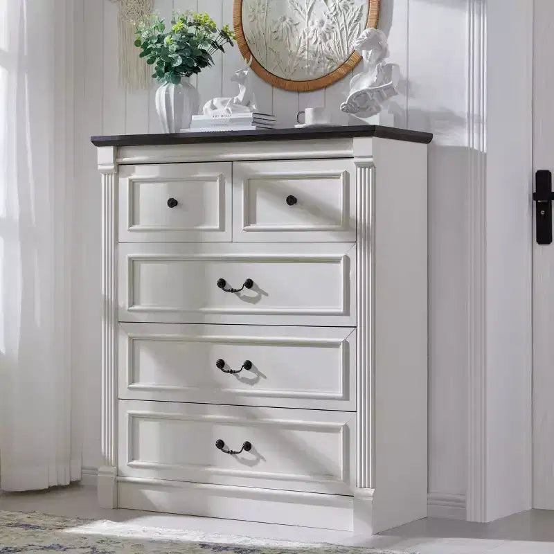 Commode de ferme de 46" avec 5 tiroirs, rangement rustique en bois avec colonne romaine pour chambre à coucher