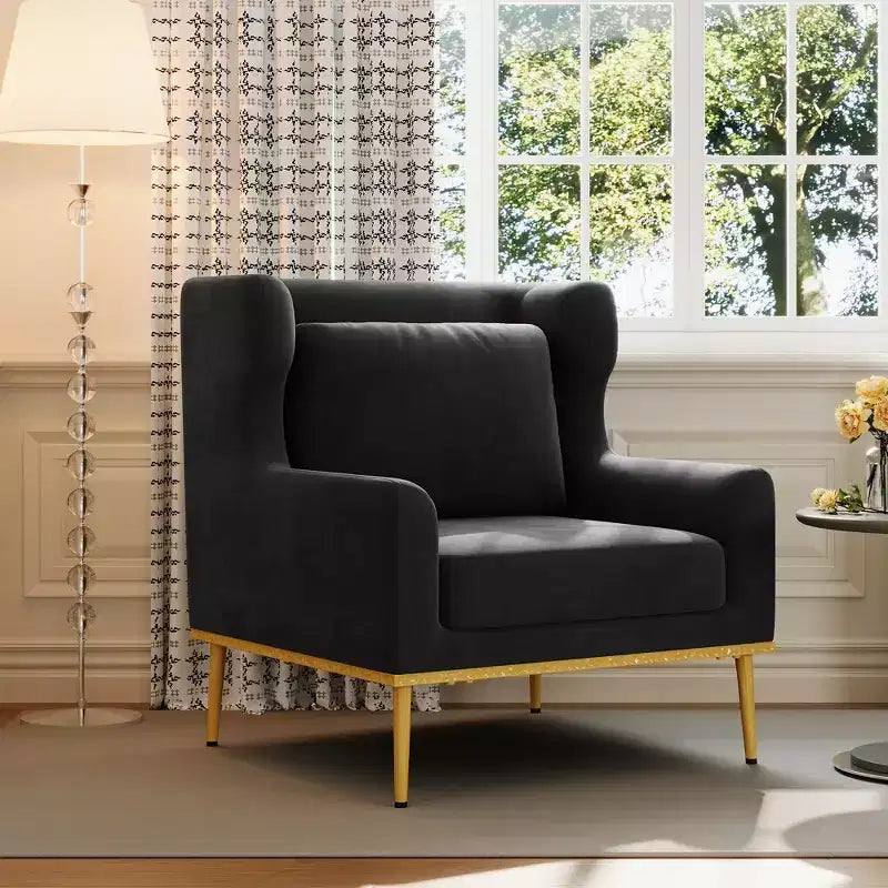 Fauteuil moderne en velours avec oreiller, silhouette incurvée, cadre en fer, assise en mousse haute densité, capacité de 150 kg