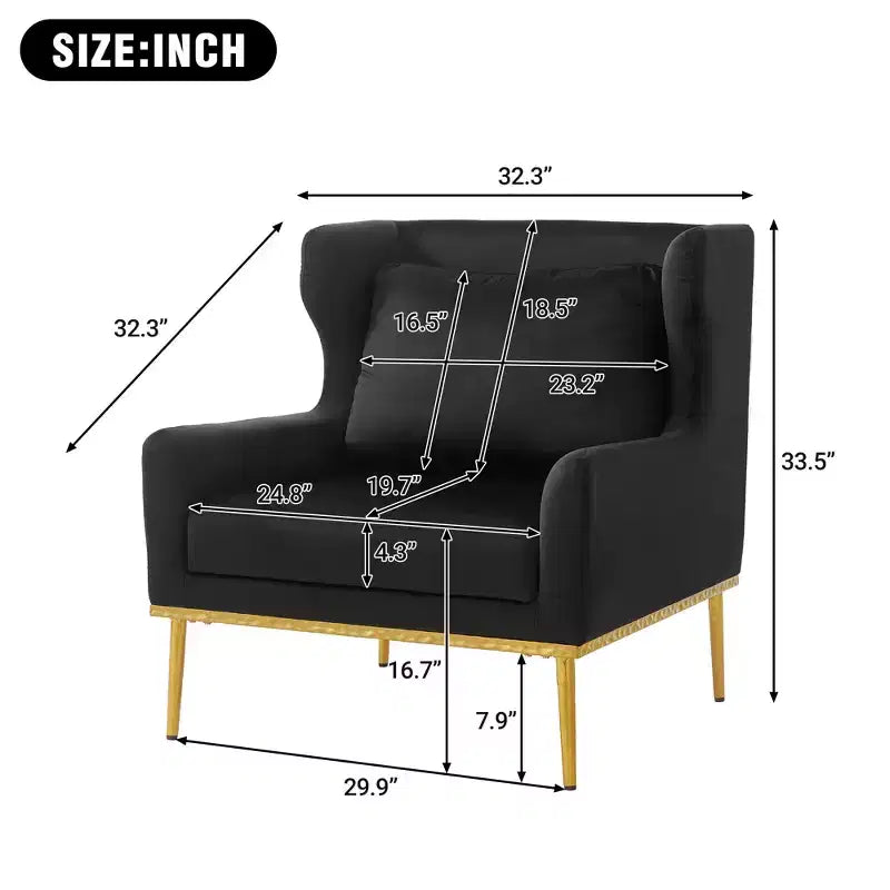 Fauteuil moderne en velours avec oreiller, silhouette incurvée, cadre en fer, assise en mousse haute densité, capacité de 150 kg