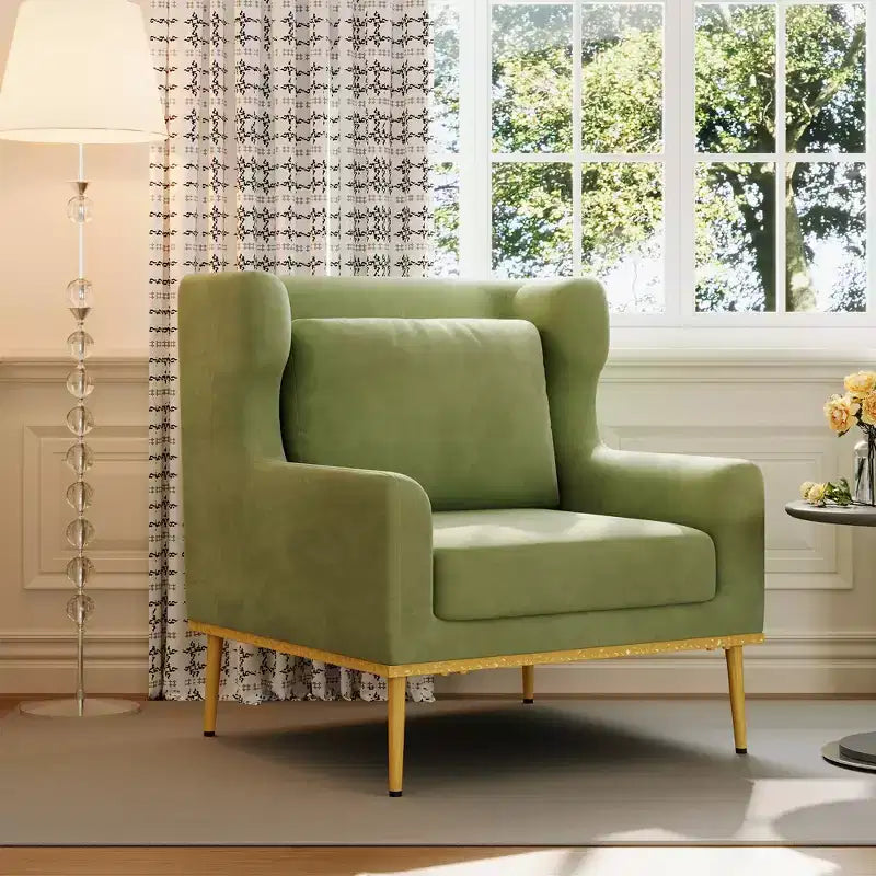 Fauteuil moderne en velours avec oreiller, silhouette incurvée, cadre en fer, assise en mousse haute densité, capacité de 150 kg