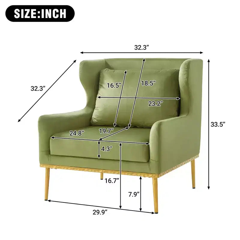 Fauteuil moderne en velours avec oreiller, silhouette incurvée, cadre en fer, assise en mousse haute densité, capacité de 150 kg