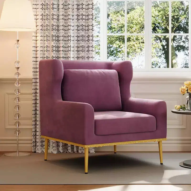 Fauteuil moderne en velours avec oreiller, silhouette incurvée, cadre en fer, assise en mousse haute densité, capacité de 150 kg