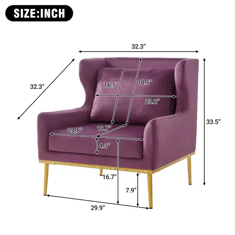 Fauteuil moderne en velours avec oreiller, silhouette incurvée, cadre en fer, assise en mousse haute densité, capacité de 150 kg