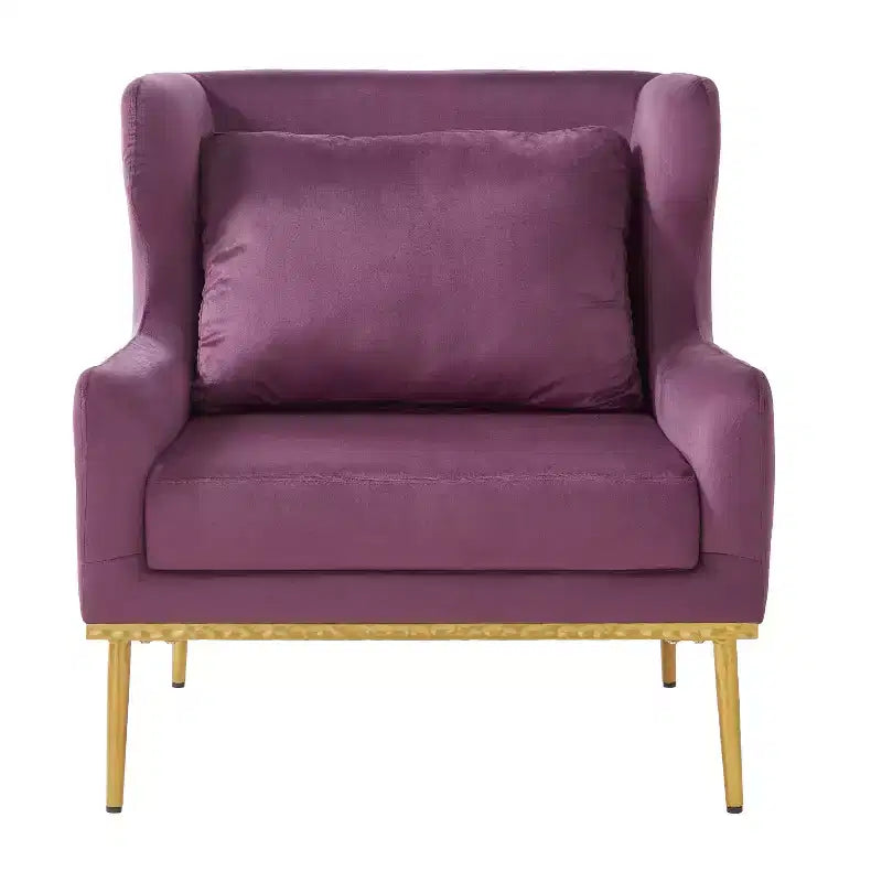 Fauteuil moderne en velours avec oreiller, silhouette incurvée, cadre en fer, assise en mousse haute densité, capacité de 150 kg