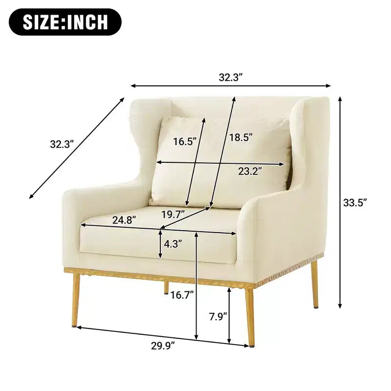 Fauteuil moderne en velours avec oreiller, silhouette incurvée, cadre en fer, assise en mousse haute densité, capacité de 150 kg