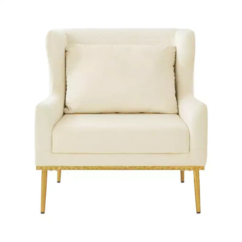 Fauteuil moderne en velours avec oreiller, silhouette incurvée, cadre en fer, assise en mousse haute densité, capacité de 150 kg