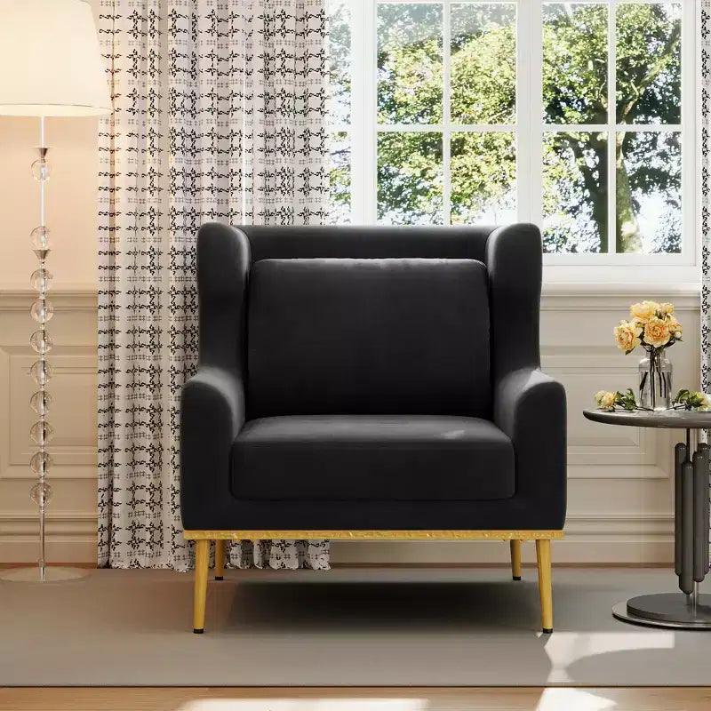 Fauteuil moderne en velours avec oreiller, silhouette incurvée, cadre en fer, assise en mousse haute densité, capacité de 150 kg