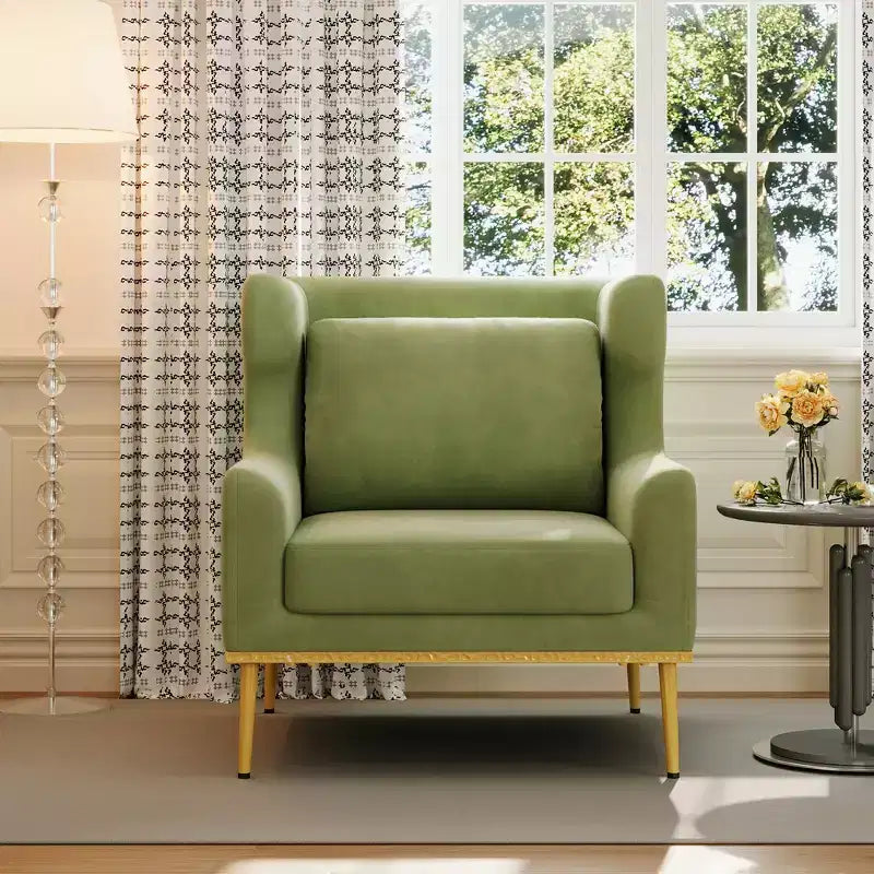Fauteuil moderne en velours avec oreiller, silhouette incurvée, cadre en fer, assise en mousse haute densité, capacité de 150 kg