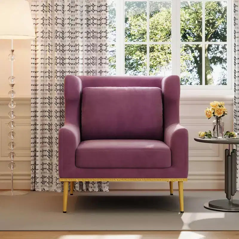Fauteuil moderne en velours avec oreiller, silhouette incurvée, cadre en fer, assise en mousse haute densité, capacité de 150 kg