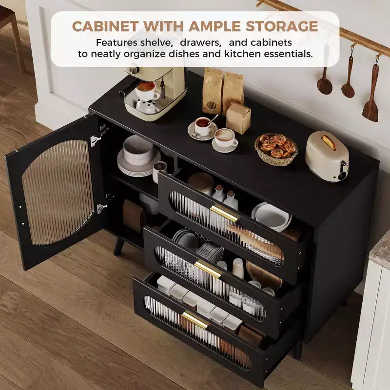 Buffet de rangement avec portes cannelées et 3 tiroirs, meuble de rangement pour cuisine, salle à manger