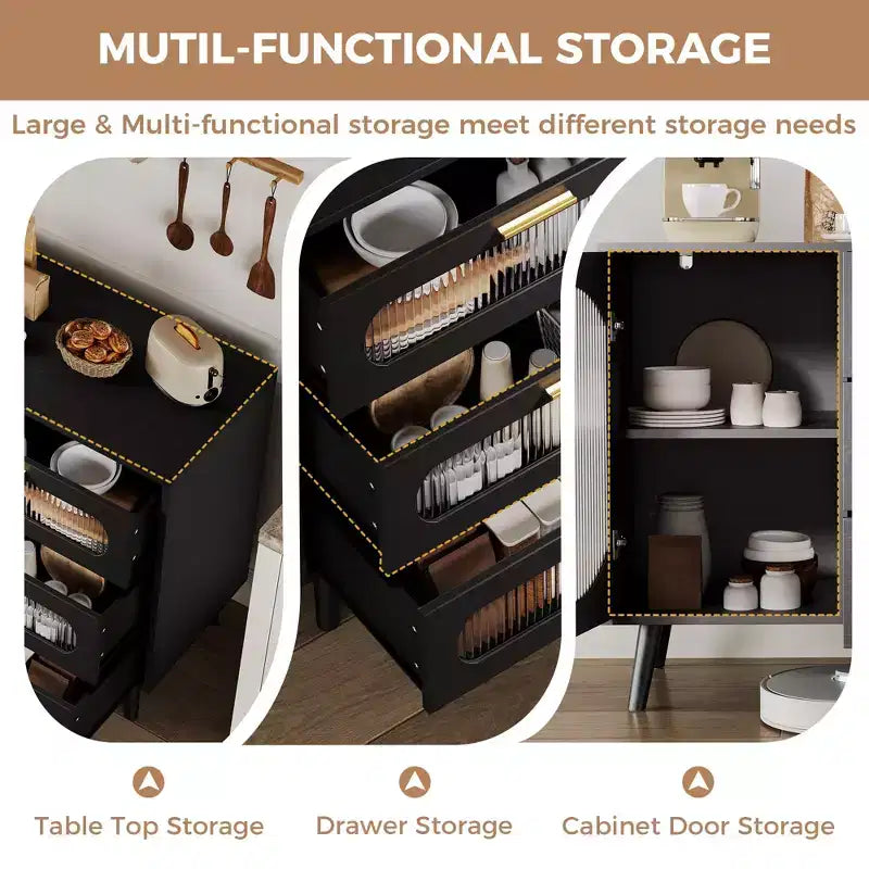 Buffet de rangement avec portes cannelées et 3 tiroirs, meuble de rangement pour cuisine, salle à manger