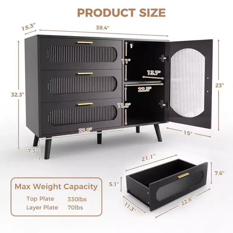 Buffet de rangement avec portes cannelées et 3 tiroirs, meuble de rangement pour cuisine, salle à manger