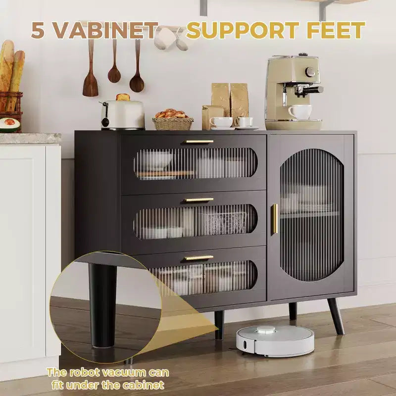 Buffet de rangement avec portes cannelées et 3 tiroirs, meuble de rangement pour cuisine, salle à manger