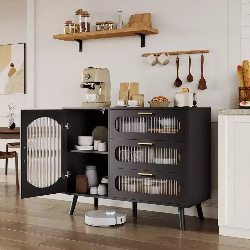 Buffet de rangement avec portes cannelées et 3 tiroirs, meuble de rangement pour cuisine, salle à manger