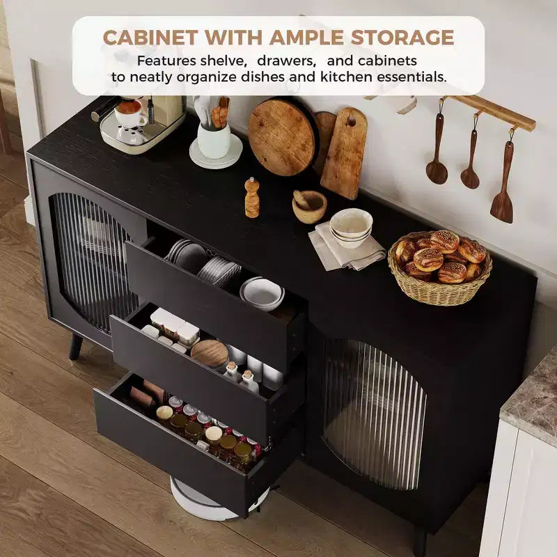 Buffet de rangement avec portes coulissantes en verre cannelé et tiroirs, buffet noir pour cuisine, salle à manger, salon