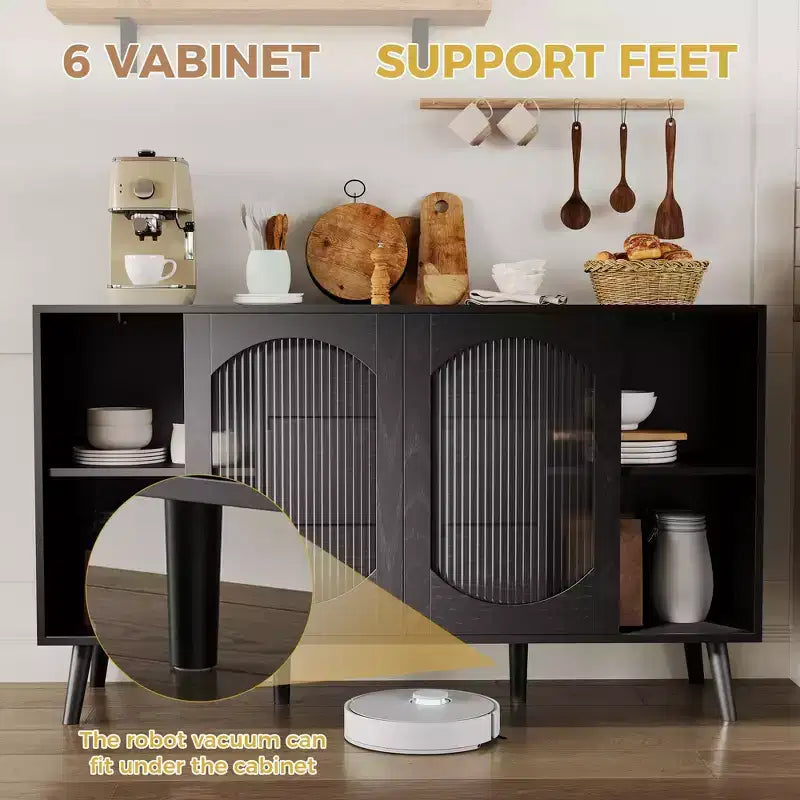 Buffet de rangement avec portes coulissantes en verre cannelé et tiroirs, buffet noir pour cuisine, salle à manger, salon