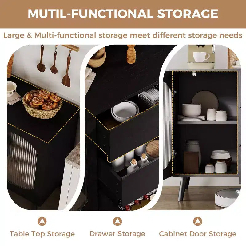Buffet de rangement avec portes coulissantes en verre cannelé et tiroirs, buffet noir pour cuisine, salle à manger, salon