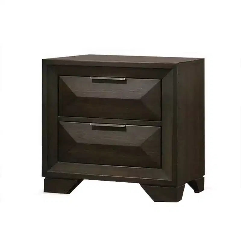 Table de chevet avec 2 tiroirs biseautés, poignées nickel, bois brun expresso