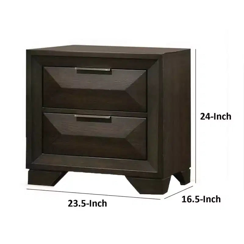 Table de chevet avec 2 tiroirs biseautés, poignées nickel, bois brun expresso