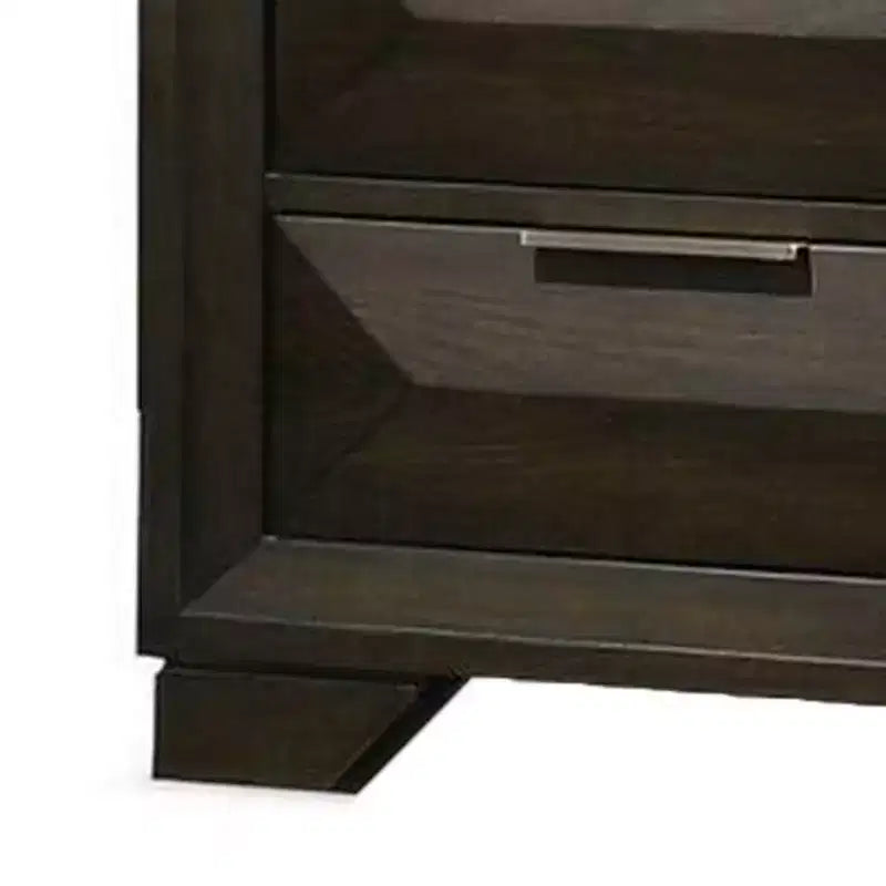 Table de chevet avec 2 tiroirs biseautés, poignées nickel, bois brun expresso