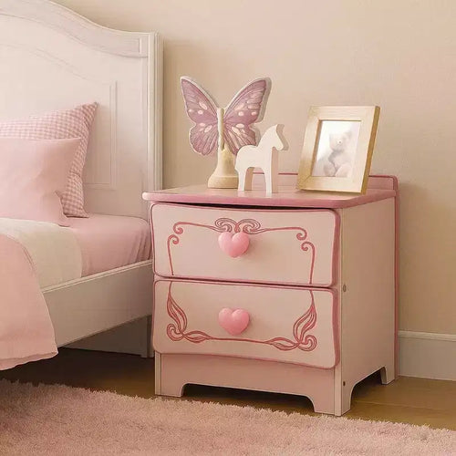 Table de chevet en bois à 2 tiroirs avec poignées en forme de cœur, rose