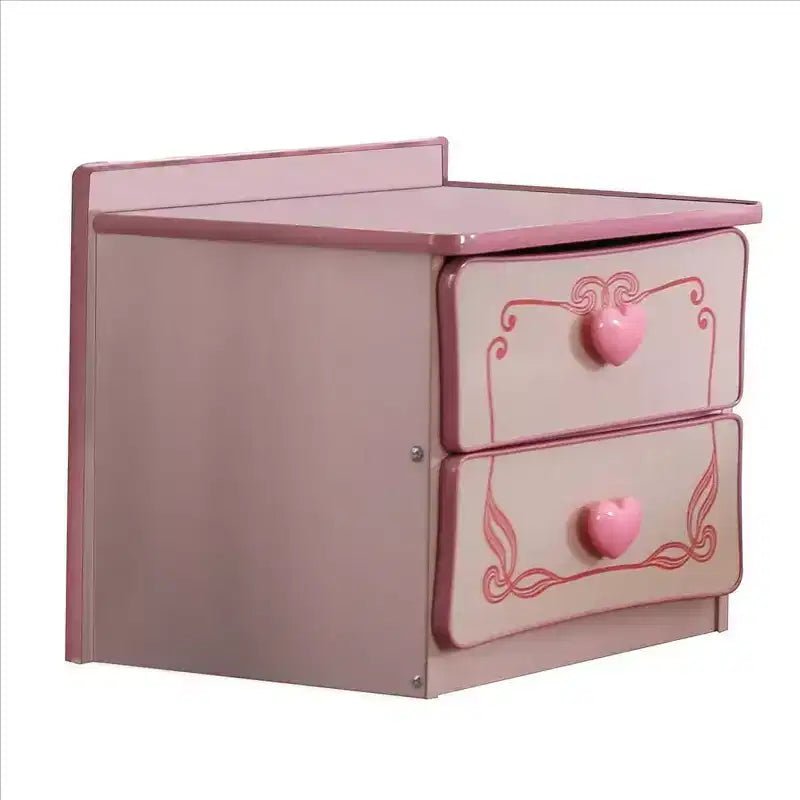 Table de chevet en bois à 2 tiroirs avec poignées en forme de cœur, rose