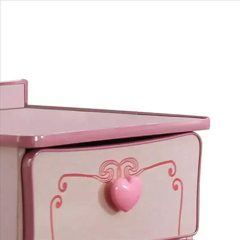 Table de chevet en bois à 2 tiroirs avec poignées en forme de cœur, rose