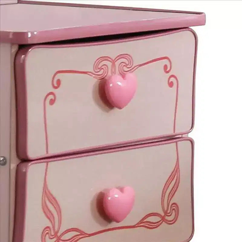 Table de chevet en bois à 2 tiroirs avec poignées en forme de cœur, rose