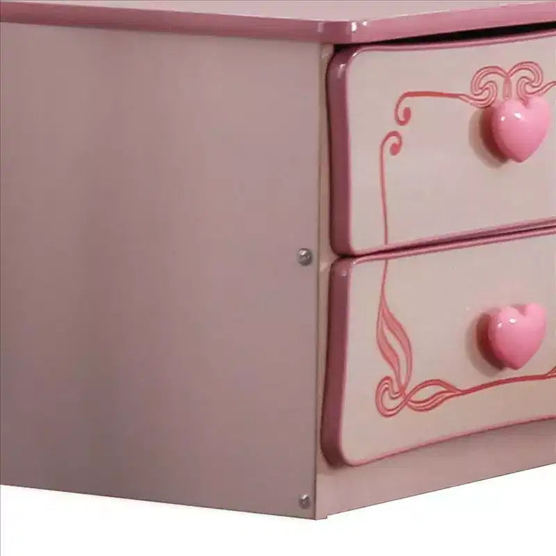 Table de chevet en bois à 2 tiroirs avec poignées en forme de cœur, rose