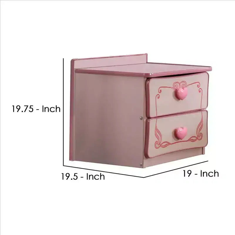 Table de chevet en bois à 2 tiroirs avec poignées en forme de cœur, rose