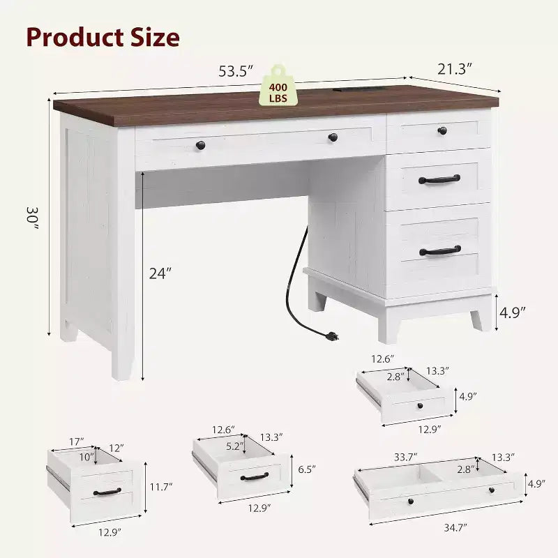 Bureau de direction avec tiroirs et station de charge, bureau d'ordinateur de style rustique de 136 cm avec classeur, poste de travail de bureau à domicile, noyer blanc