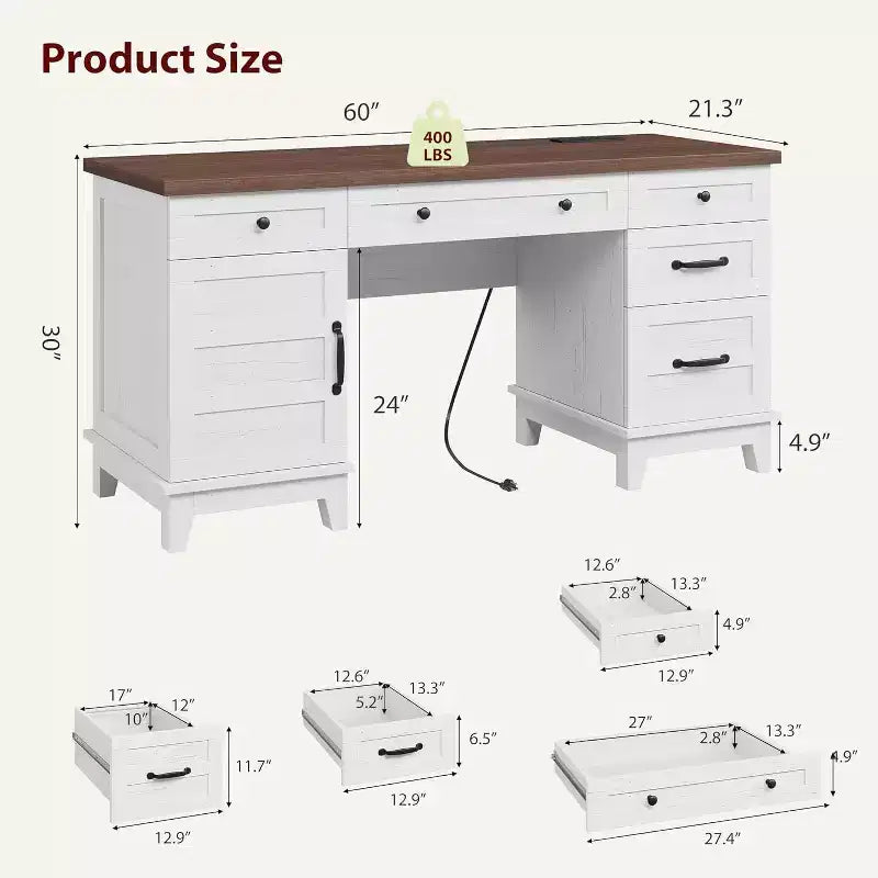 Bureau de direction avec tiroirs et station de charge, bureau d'ordinateur de style rustique de 136 cm avec classeur, poste de travail de bureau à domicile, noyer blanc