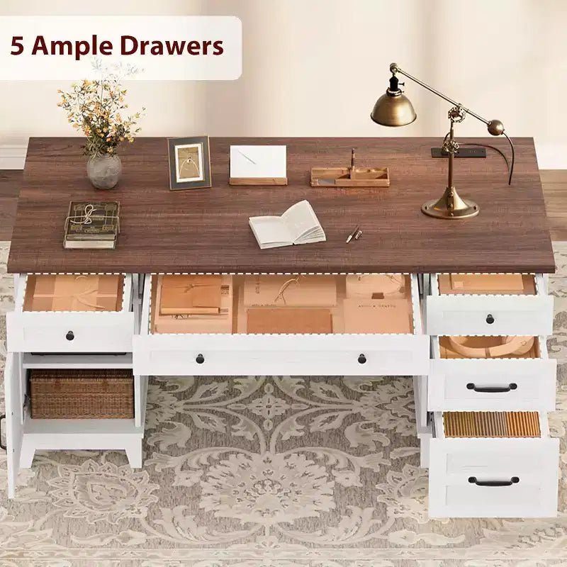 Bureau de direction avec tiroirs et station de charge, bureau d'ordinateur de style rustique de 136 cm avec classeur, poste de travail de bureau à domicile, noyer blanc