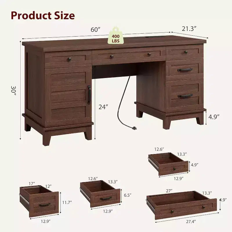 Bureau de direction avec tiroirs et station de charge, bureau d'ordinateur de style rustique de 136 cm avec classeur, poste de travail de bureau à domicile, noyer blanc