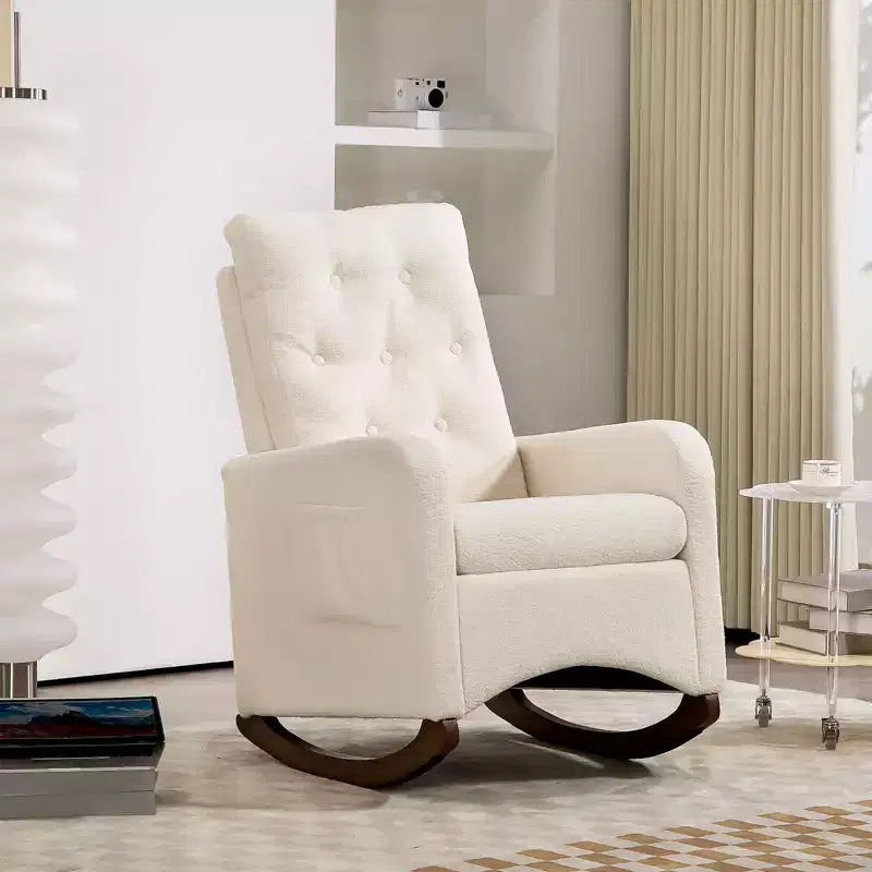 Fauteuil à bascule rembourré, fauteuil à bascule moderne avec oreilles, fauteuil d'appoint confortable avec accoudoirs, pieds en bois d'hévéa, dossier haut et poche latérale