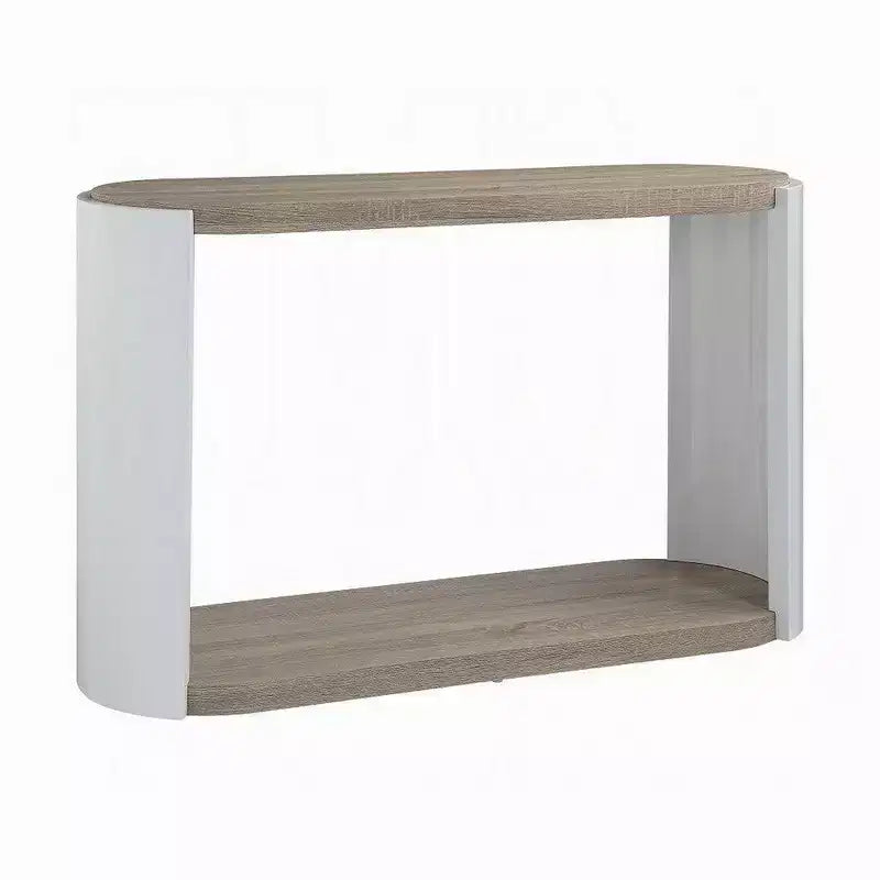 Table console de canapé, bois blanc très brillant, ovale 119 cm, marron