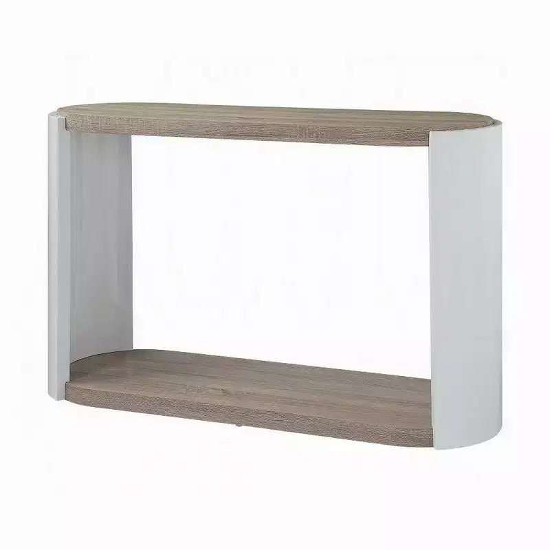 Table console de canapé, bois blanc très brillant, ovale 119 cm, marron