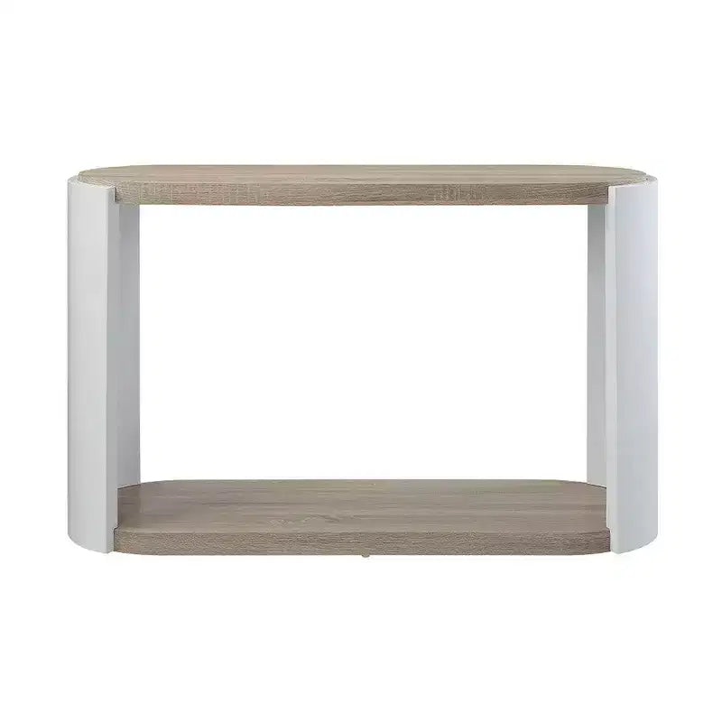 Table console de canapé, bois blanc très brillant, ovale 119 cm, marron